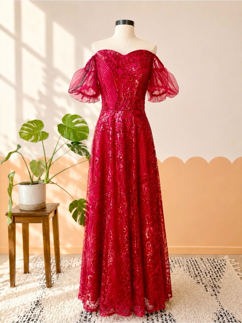 Vicky and Lucas Off-Shoulder Corset Red Lace Evening Gown